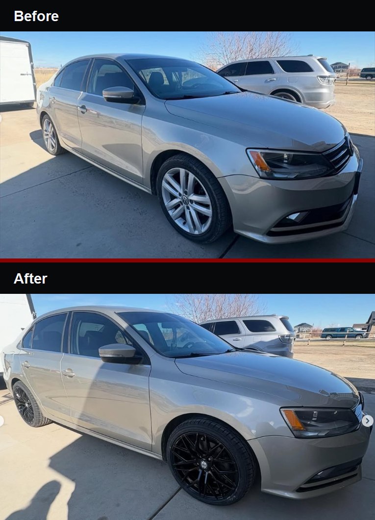 Before and after comparison of a gold Volkswagen sedan with new black wheels from the front angle