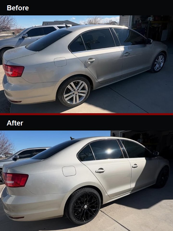 Before and after comparison of a gold Volkswagen sedan with new black wheels from the rear angle